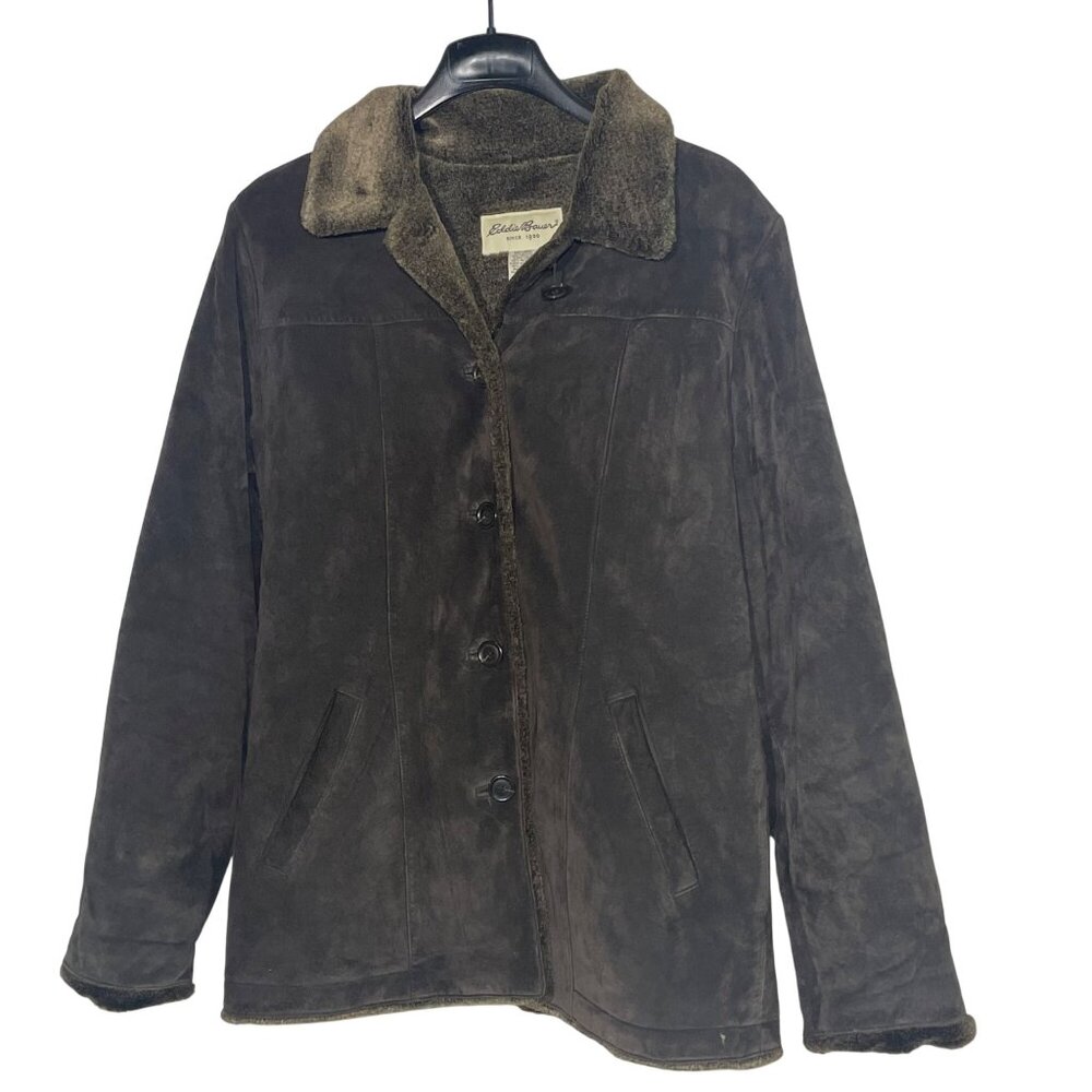 Eddie Bauer Suede Leather Sherpa Button‎ Close Jacket Sz MED Heavyweight